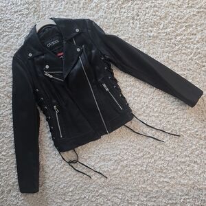 GUESS Black Lace-Up Faux Leather Moto Jacket
